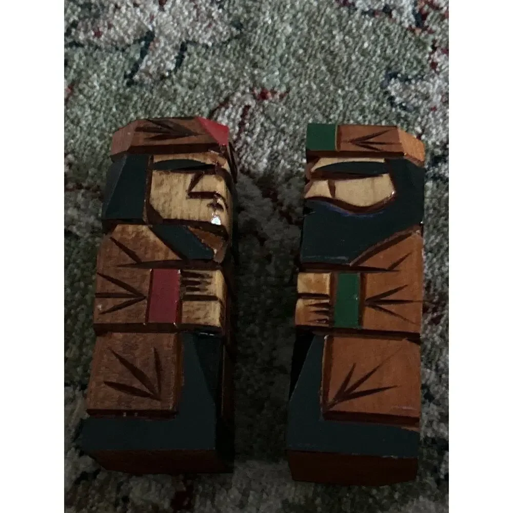 1 Pair Vintage Wooden Japanese Dolls - Set Ainu Art Sculptures Kokeshi Statues